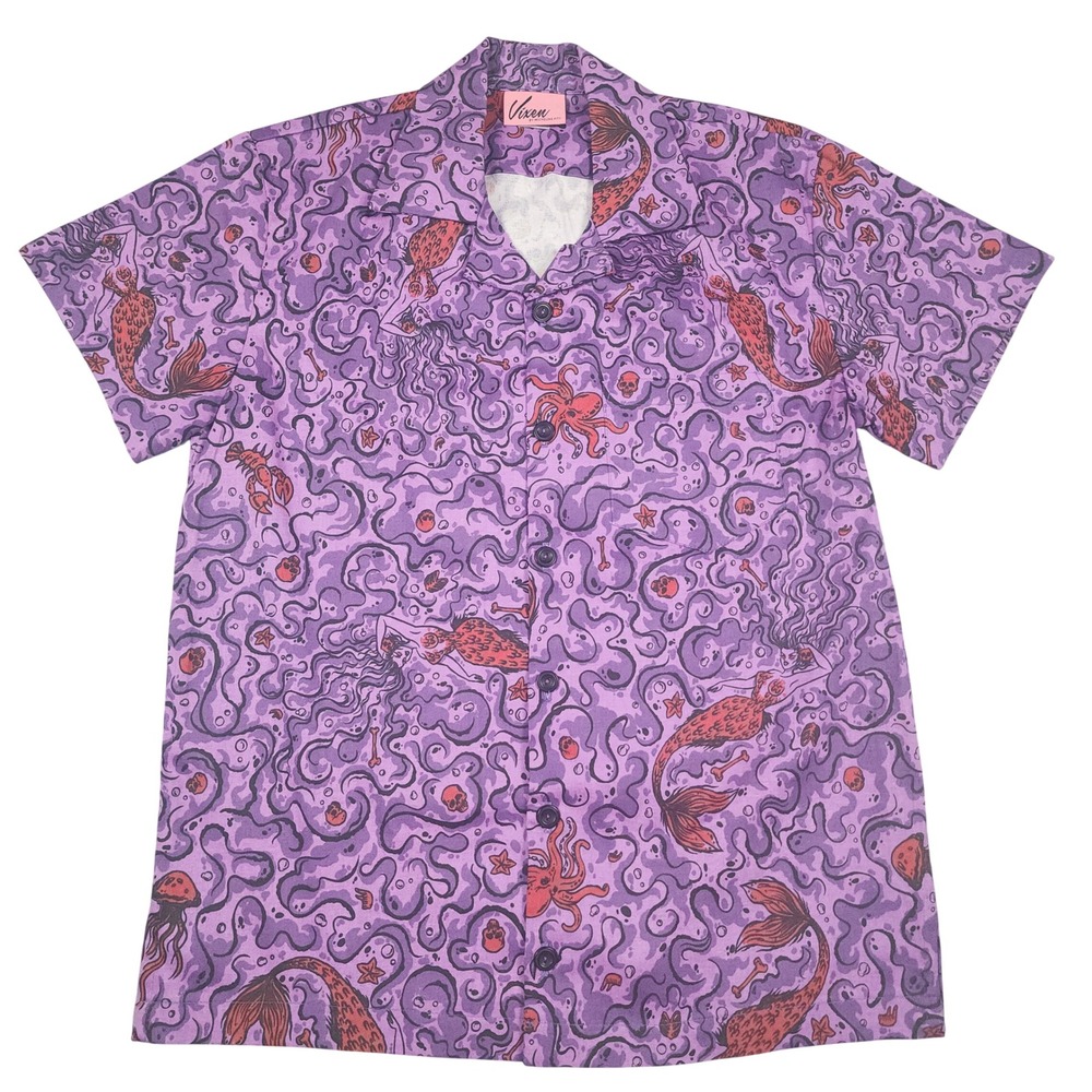 Vixen by Micheline Pitt Purple Mermaid Octopus Skull Button Down Shirt Small